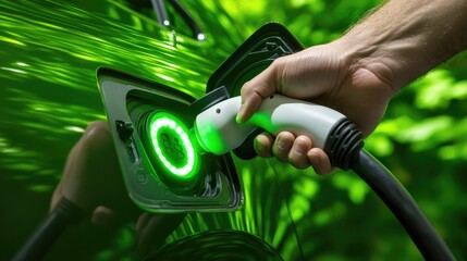 Charging station with hand connecting cable to electric vehicle,