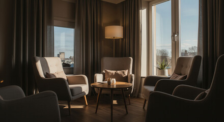 Fototapeta premium Relaxing corner with mocha mousse in a pastel-decorated room