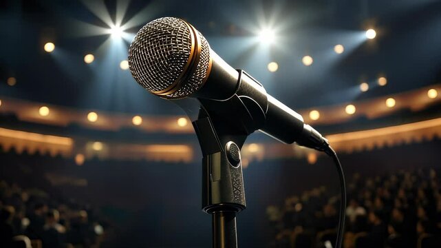Professional microphone standing on podium, conference hall blurred behind, ready for conference presentation empty rostrum on a stage for a keynote video 4k
