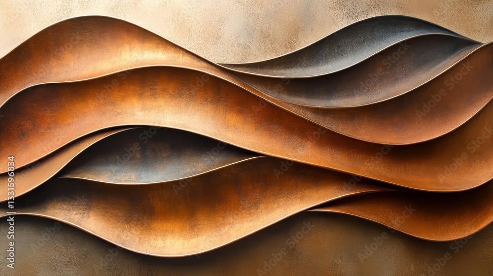 Poster abstract image shows layered wavy shapes with textured metallic surfaces
