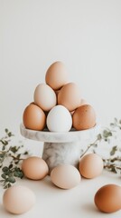 Fresh eggs arranged on a marble pedestal with decorative greenery creating an elegant kitchen display