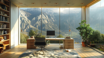 A modern, bright office overlooks a picturesque mountain range. The room features a large desk, a rolling chair, and a full bookcase.