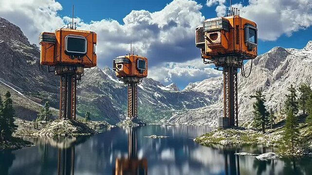 Futuristic orange structures on stilts reflect in a serene mountain lake under a cloudy sky