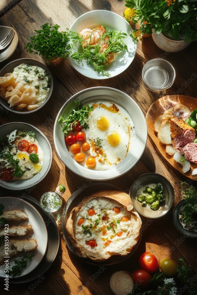Poster a wooden table set with plates of various types and quantities of food, ready for consumption