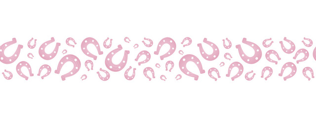 Lucky pink horseshoe. Glamorous silhouette. Gradient. Seamless long horizontal border. Endless vector pattern. Isolated colorless background. Symbol of good luck. Continuous ornament. Flat style. 