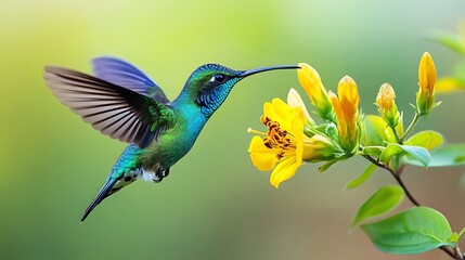 Fototapeta premium Vibrant Hummingbird Feeding on Yellow Flower