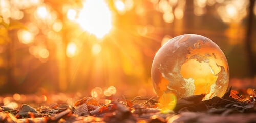 Sunset and Crystal Globe Amidst Autumn Leaves
