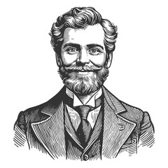 bearded gentleman in a classic suit, exuding a vintage and historical aesthetic sketch engraving generative ai fictional character vector illustration. Scratch board imitation. Black and white image.