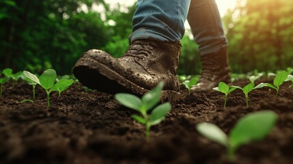 Foot stepping on soil with seedlings, symbolizing growth and nur