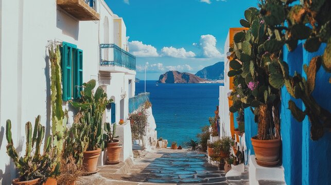 Panarea Island: A Detailed Look at Typical Bright Blue Mediterranean Houses in Aeolian Sicilia