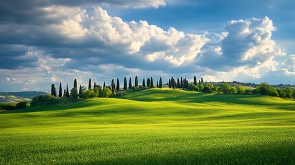 Tuscan Landscape: Rolling Hills, Cypress Trees, and Dramatic Sky