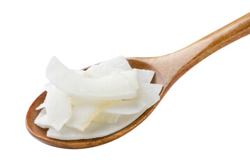 Coconut chips, flakes in a wooden spoon on a white background. Isolated
