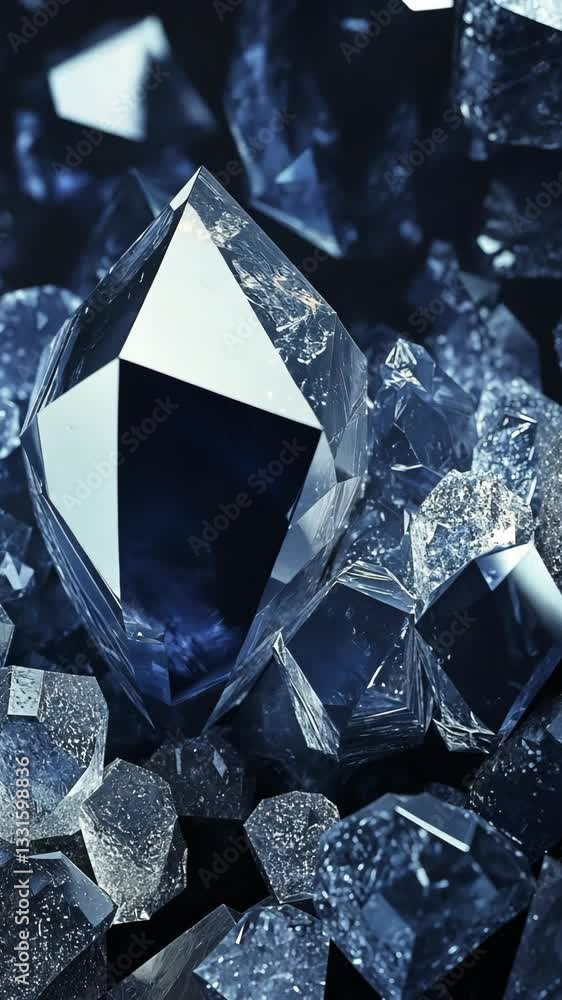 Poster intricate display of blue crystals showcasing brilliant shapes and reflections in a dark setting