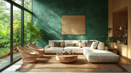 An interior scene of a living room features a light couch, accent chairs, and large green wall for a serene, nature-inspired space. Sunlight streams through the expansive window.