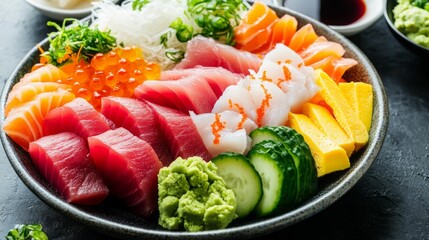 Japanese food Sashimi platter featuring a variety of fresh seafood and garnishes. Food photography macro.