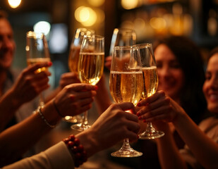 Hand holding glass of champagne, people cheering, cheers, spending a moment together with friends, party, happy moment, nightclub, restaurant, cheering, family, sparkling wine, luxury