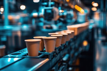 Naklejka premium Paper Cup Manufacturing. Inside View of Running Production Unit with Machine and Conveyer