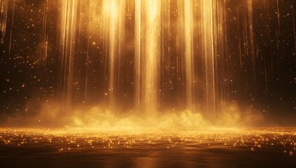 Golden Light Particles Cascading Over Reflective Surface Under A Dark Background.