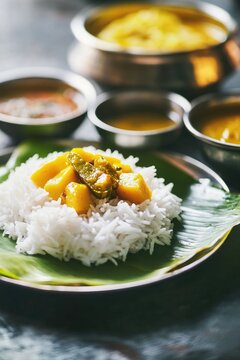 Savoring rice topped with tangy mango pickle, vibrant Indian mea