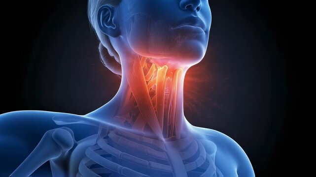 Medical illustration of a woman with a sore throat. 3D CG image highlighting inflammation and injury.