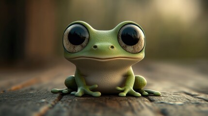 A cartoon frog with large eyes is sitting on wood
