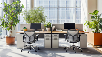 A modern office scene displays two desks with computers, ergonomic chairs, and plants, set against large windows