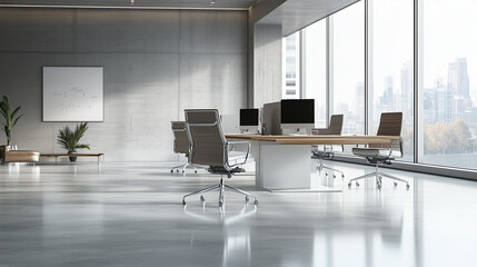 A light and airy office features modern desks and chairs. Large windows provide a view, and artwork is mounted on a concrete wall