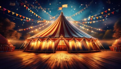 A nighttime circus scene with glowing lights and colorful flags, featuring a tall tent in a quiet, magical atmosphere