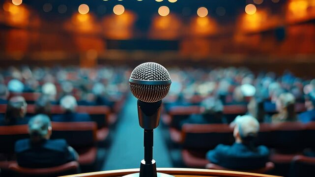 Professional microphone standing on podium, conference hall blurred behind, rostrum for keynote presentation empty ready on a stage for a conference video 4k