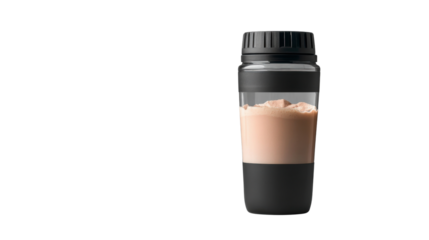 Protein shake in a transparent bottle with black lid on transparent background