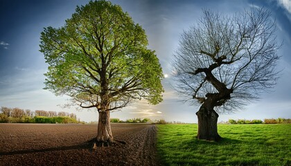 A powerful nature scene with two trees side by side &mdash; one full of green leaves, the other bare &mdash; symbolizing contrast and seasonal change
