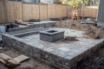 Patio Hardscape Under Construction: Stone Fire Pit and Seating Wall in Suburban Backyard