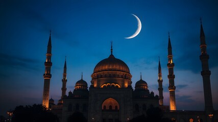 Fototapeta premium Mosques dome on dark blue twilight sky and crescent moon on background, symbol islamic religion and free space background