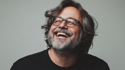 Obraz premium A bearded mature man with wavy hair and glasses laughs while looking upwards. Portrait on a light gray studio background showcasing emotions.
