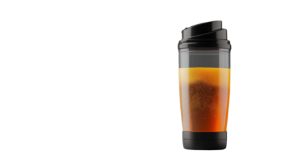 Portable blender bottle filled with orange juice on transparent background