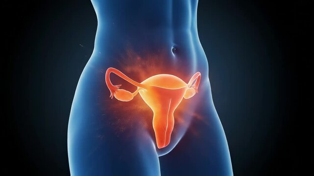 Medical illustration of a woman's pain in the uterus, seen from an angle. 3D CG image showing the structure of the human body and highlighting inflammation and injury