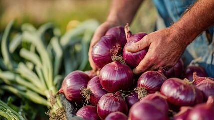 A farmer showcasing freshly harvested red onions in the field.