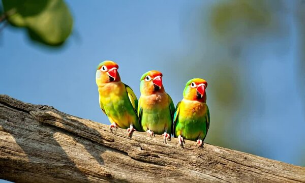 A group of small parrots perches on a branch, set against a lush green backdrop, leaving ample space for text