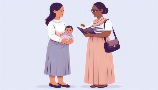 In a bright setting new mother receives eye-level parenting tips from experienced parent