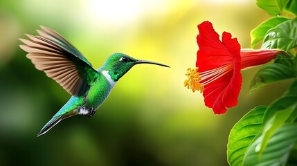 Naklejka premium Hummingbird and Hibiscus: A Vibrant Encounter in Nature's Embrace