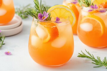 Refreshing summer cocktails with citrus and herbs served in elegant glasses