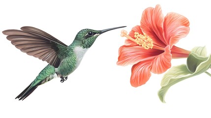 Obraz premium Hummingbird and Hibiscus: A Vibrant Encounter