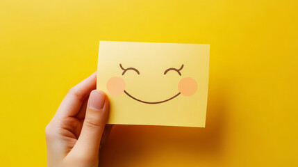 Obraz premium Happy face on paper held against bright yellow background, conveying positivity and joy