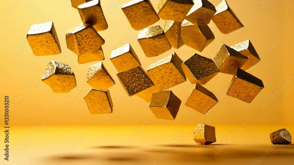 Poster floating golden cubes and nuggets against warm yellow background textured and luxurious motion with 
