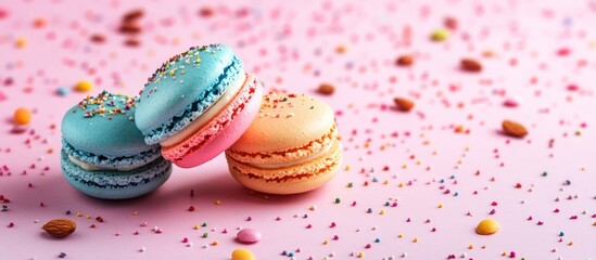 Colorful macarons on pink; sprinkles, almonds