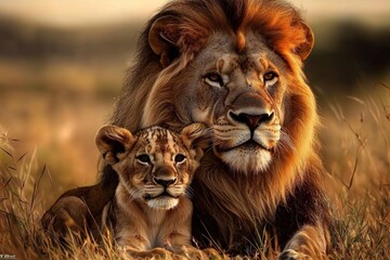Fototapeta premium The bond between a proud lion and its adorable cub is highlighted in a vibrant natural setting.
