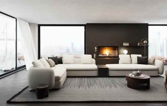 3D illustration of a contemporary living room with beige and brown decor elements. The apartment has earth tones, decor, and furniture with a city view. Horizontal trucking shot.