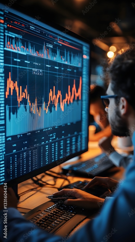Aufkleber analyzing market data: a focused view of financial charts on a monitor in a busy workspace.