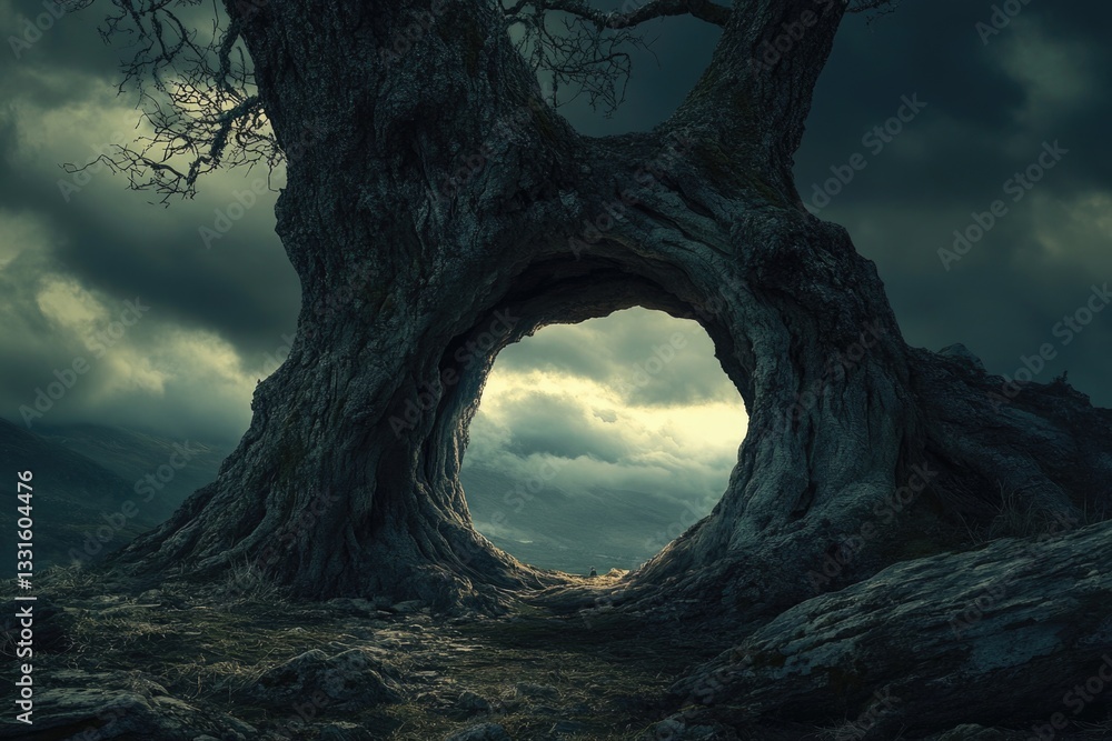 Poster a tree with a hollow trunk, ideal for abstract or nature-inspired compositions