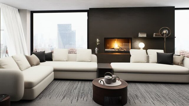 3D illustration of a contemporary living room with beige and brown decor elements. The apartment has earth tones, decor, and furniture with a city view. Orbit cinematic shot.